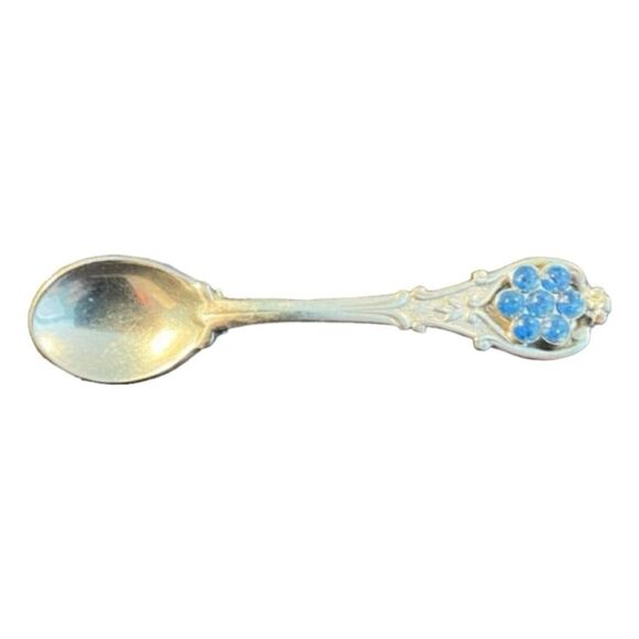 Vintage Miniature Spoon Brooch Silver Tone Metal Blue Rhinestone Crystal Pin - Picture 4 of 4